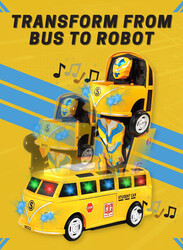 FITTO Big Yellow School Bus Transforms Into Robot with Flashing LED Lights and Bus Sounds, with Two Batteries, Yellow