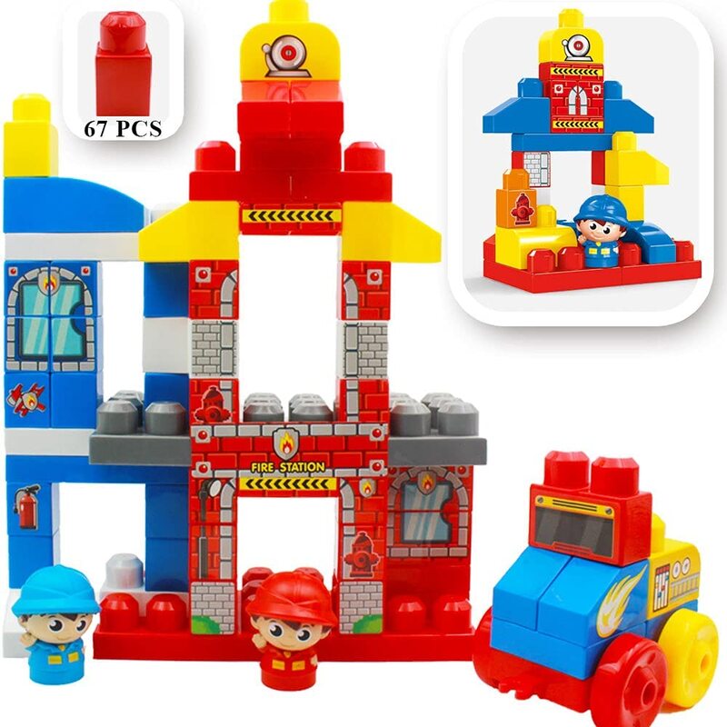 FITTO Building toys for boys building blocks fire station with two firefighters and fire truck STEM toys for 3 Year Old (67 pcs)