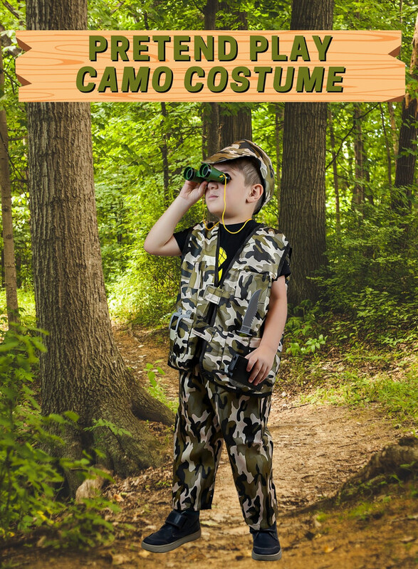 FITTO Kids Military Soldier Costume, Army costume for Boys with camo hat, Binoculars, Walkie Talkie, Water bottle, Hat, and pants