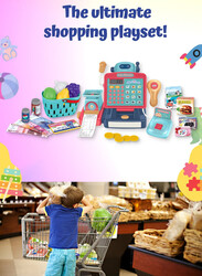 FITTO Supermarket Cash Register for Kids, With Shopping Basket, Toy Cash Money, Working Calculator, Microphone, and a Credit Card, Red