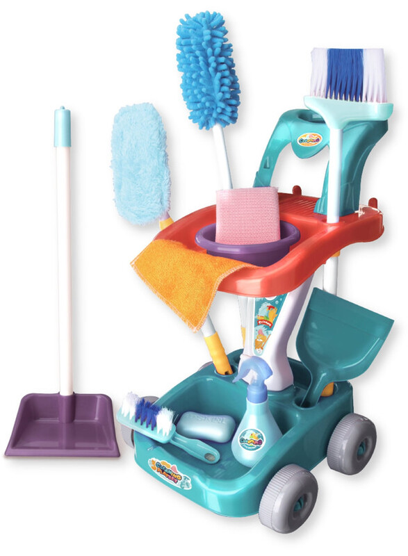 FITTO House Cleaning Complete Set for Kids, With Mop, Broom, Dust Pan Spray Bottle, Cleaning Trolley, and more, Blue