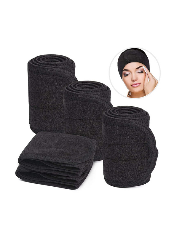 La Perla Tech Spa Facial Head Wrap Terry Cloth Headband, Black, 4 Pieces