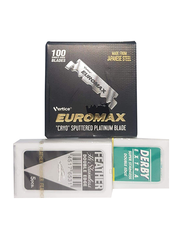 Feather Hi-Stainless Safety Shaving Razor Blades, 5 Pieces + Euromax Platinum Blade, 100 Pieces + Derby 5 Blades Set, Silver