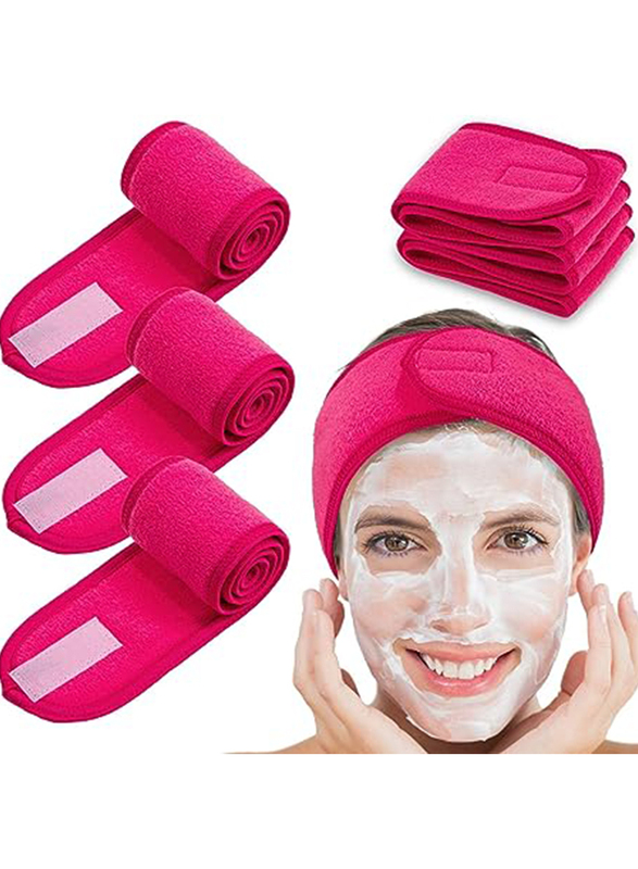 La Perla Tech Adjustable Spa Facial Headbands Terry Cloth Stretch Make Up Wrap with Magic Tape, 4 Pieces, Pink