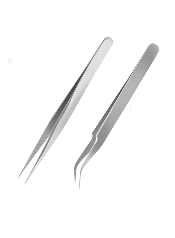 LA Perla Tech Professional Stainless Steel Nail Art Tweezers Curved Straight Tip False Eyelash Extension, Silver