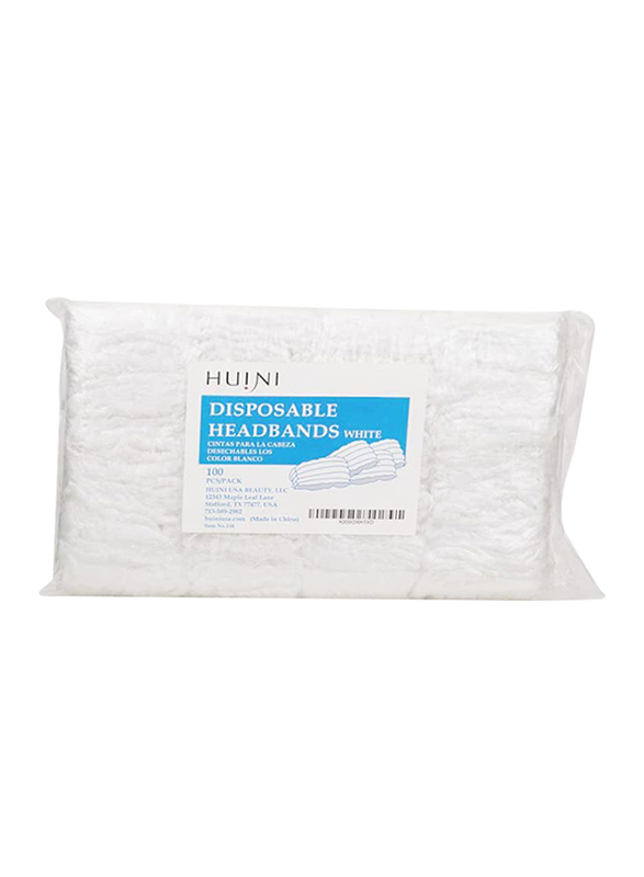 Huini Disposable Spa Non-Woven Headbands for All Hair Types, 100 Pieces, White