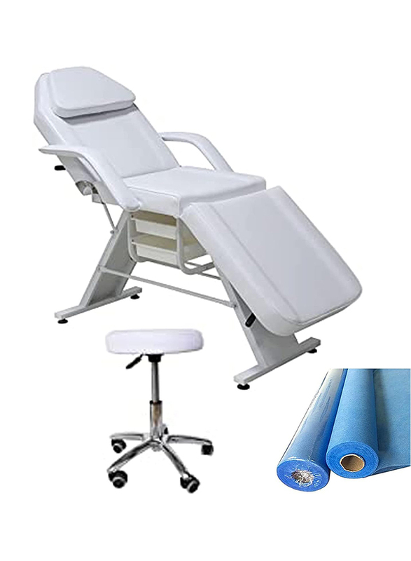 I.E. Professional Beauty Salon Working Stool & Water Proof Facial Table Bed Roll, 50 Pieces, White/Blue