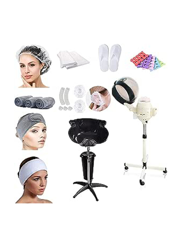 I.E. Professional Hair Steamer with 1 Portable Wash Basin + 3 Spa Headband + 100 Hair Caps + 100 Ear Protector + 3 Hotel Slipper + 3 Disposable Hygiene Towel and 3 Toer Separator