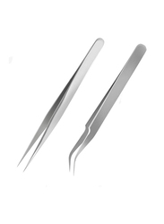 LA Perla Tech Professional Stainless Steel Nail Art Tweezers Curved Straight Tip False Eyelash Extension, Silver