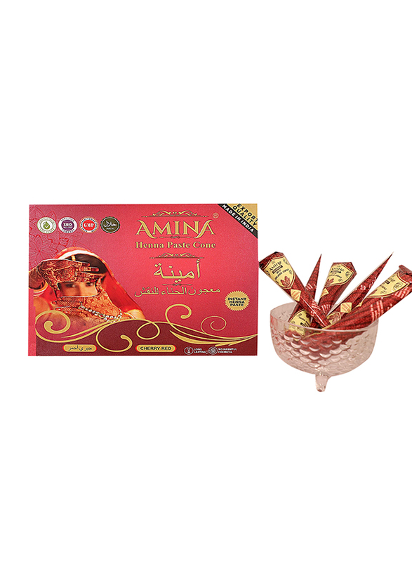 Amina Organic Natural Instant Henna Herbal Mehndi Cone, 12 Pieces, Cherry Red, Red