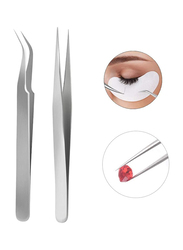 LA Perla Tech Professional Stainless Steel Nail Art Tweezers Curved Straight Tip False Eyelash Extension, Silver