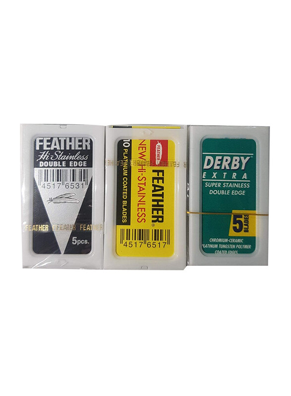 

Feather Hi-Stainless Double Edge Razor Blades, 5 Pieces + New Hi-Stainless 10 Blades + Derby 5 Blades Set, Silver