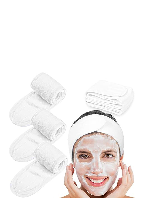 La Perla Tech Adjustable Spa Facial Headbands Terry Cloth Stretch Make Up Wrap with Magic Tape, 4 Pieces, White