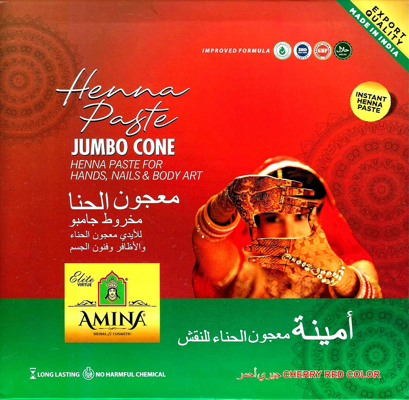 Amina Jumbo Organic Natural instant henna Herbal Mehndi Cone, 12 Pieces, Cherry Red, Red