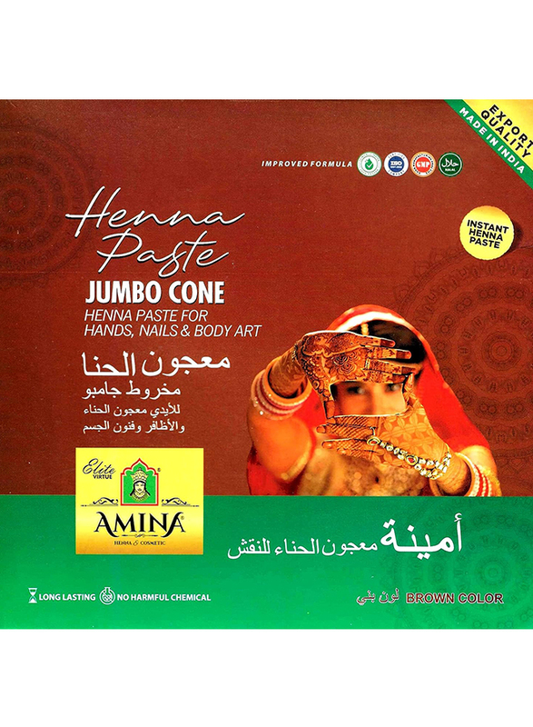 Amina Jumbo Organic Natural Instant Henna Herbal Mehndi Cone, 12 Pieces, Brown