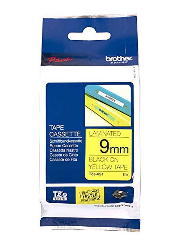 Brother P-touch Black on Yellow Laminated Labelling Tape, 9mm, Multicolour