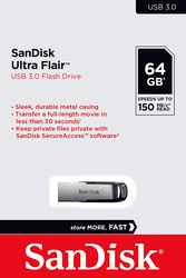 Sandisk 64GB Ultra Flair 3.0 USB Flash Drive, Silver/Black