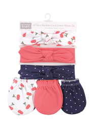 Hudson Baby Cherries Cotton Headband & Scratch Mitten Set for Baby Girls, 6 Pieces, 0-6 Months, Multicolour