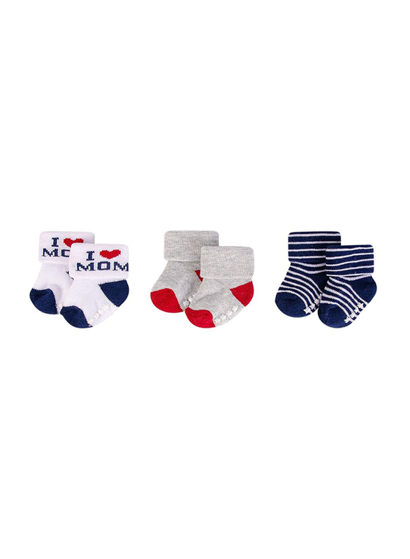Hudson Baby Navy Mum Terry Socks with Non-Skid for Baby Boys, 3 Pieces, 0-6 Months, Multicolour