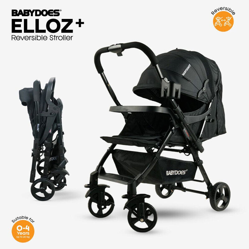 

BABYDOES ELLOZ+ - Baby Stroller with Reversible Handle, 5-point safety harness, Easy One-Hand Fold, Lockable Wheels, 0-4 Years (Up to 20 kg) - Black