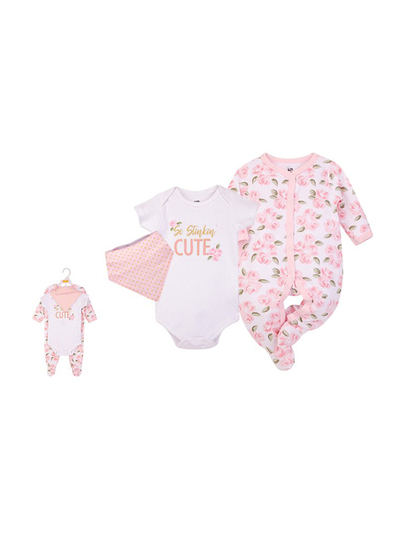 Hudson Baby Roses Layette Set for Baby Girls, 3 Pieces, 0-3 Months, Pink/White