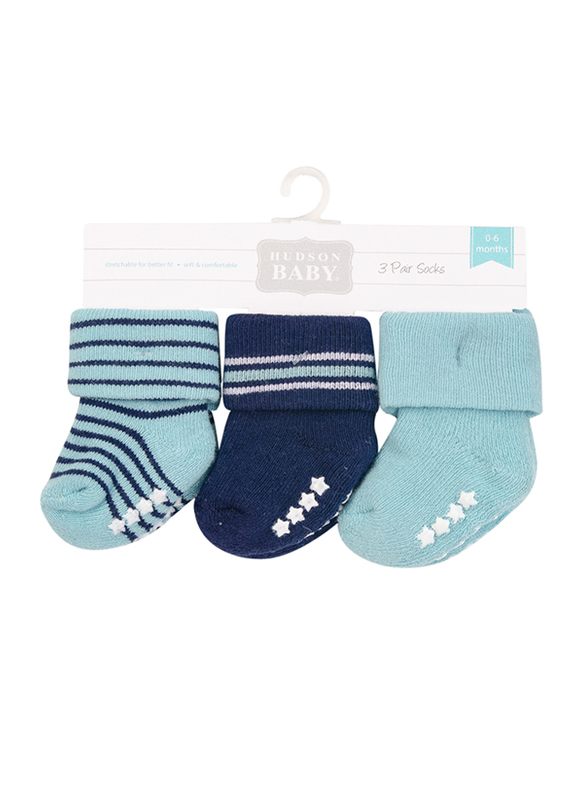 Hudson Baby Stripes Terry Socks with Non-Skid for Baby Boys, 3 Pieces, 0-6 Months, Multicolour