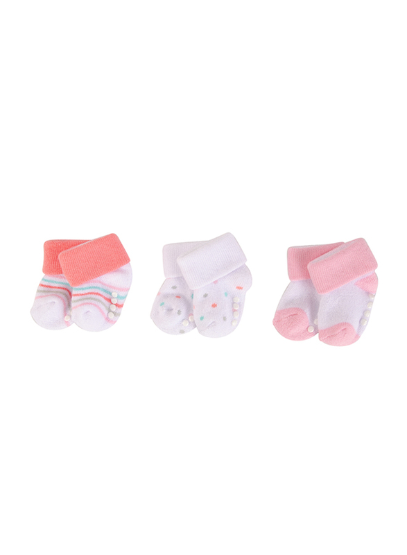 Luvable Friends Dots Terry Socks with Non-Skid for Baby Girls, 3 Pieces, 0-6 Months, Pink