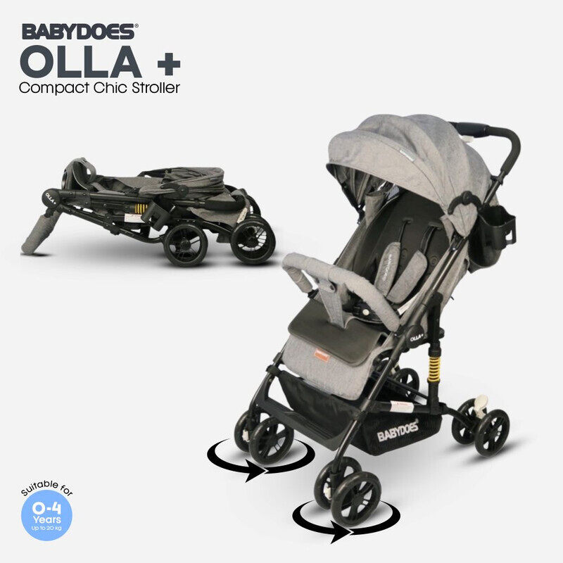 

BABYDOES OLLA+ - Baby Stroller with 5-Point Harness, One-Hand Fold, Shock Absorbing Wheels, Cup holder, 0-4 Years (Up to 20 kg) - Grey