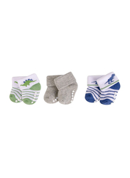 Hudson Baby Dino Terry Socks with Non-Skid for Baby Boys, 3 Pieces, 0-6 Months, Multicolour