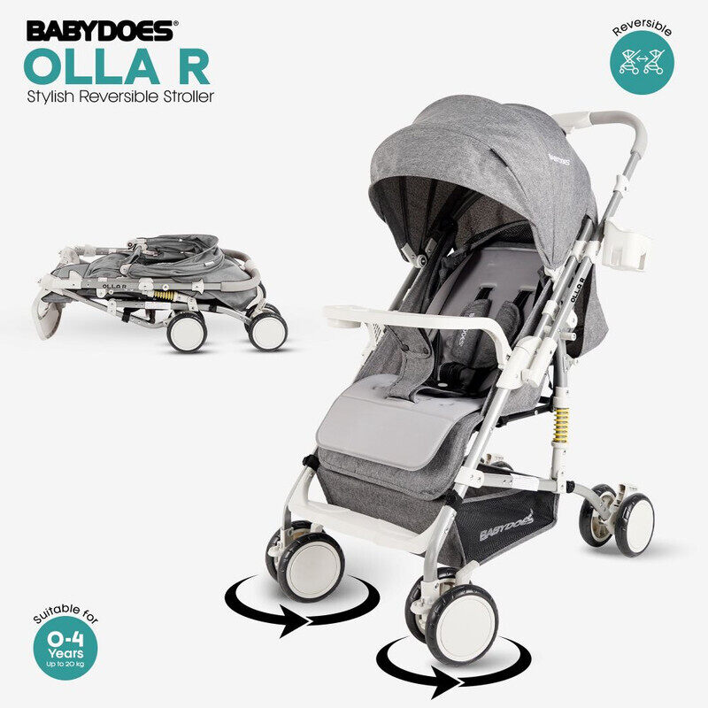 

BABYDOES OLLA R - Baby Stroller with Reversible Handle, 5-Point Harness, Easy One-Hand Fold, 0-4 Years (Up to 20 kg) - Grey