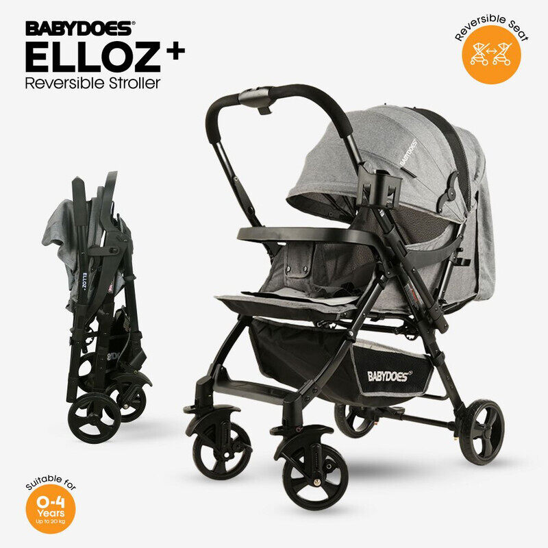 

BABYDOES ELLOZ+ - Baby Stroller with Reversible Handle, 5-point safety harness, Easy One-Hand Fold, Lockable Wheels, 0-4 Years (Up to 20 kg) - Grey