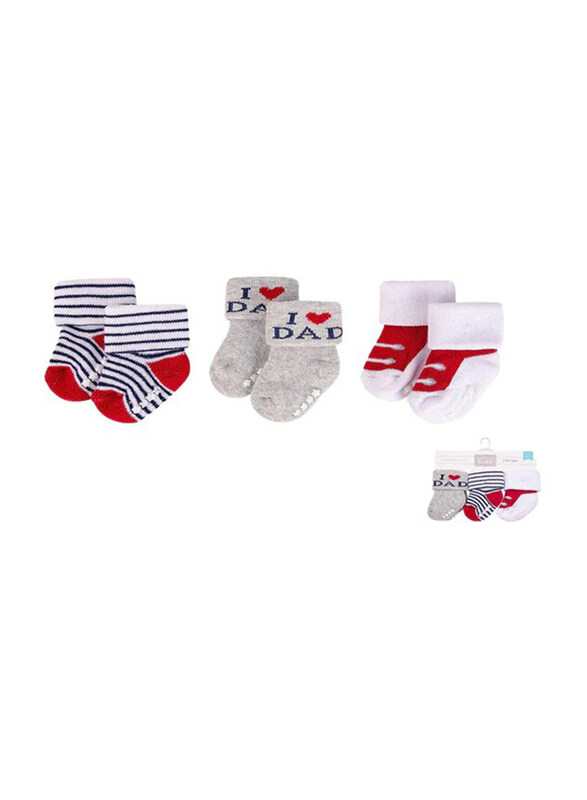 Hudson Baby Dad Terry Socks with Non-Skid for Baby Boys, 3 Pieces, 0-6 Months, Multicolour