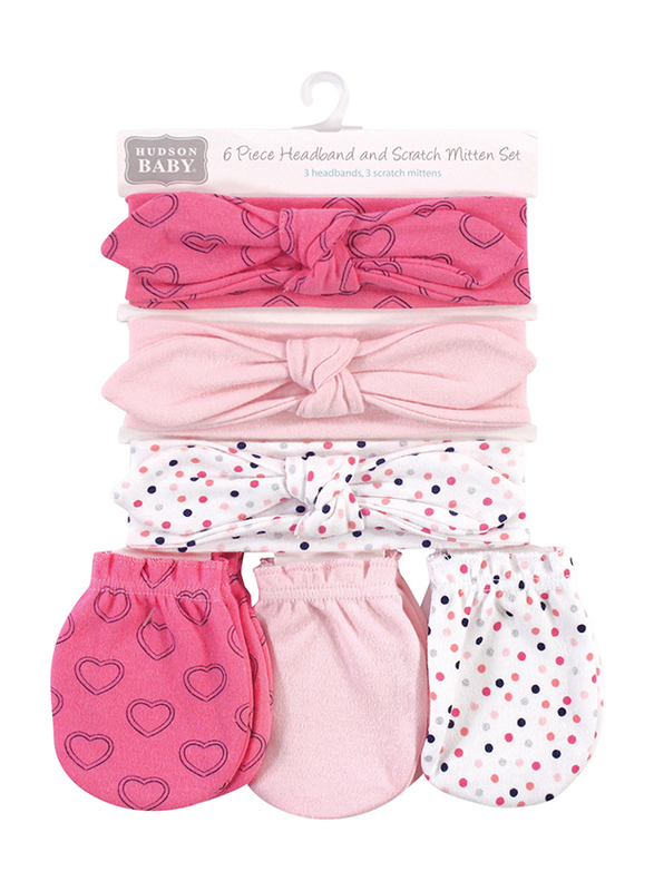 Hudson Baby Navy Hearts Cotton Headband & Scratch Mitten Set for Baby Girls, 6 Pieces, 0-6 Months, Pink