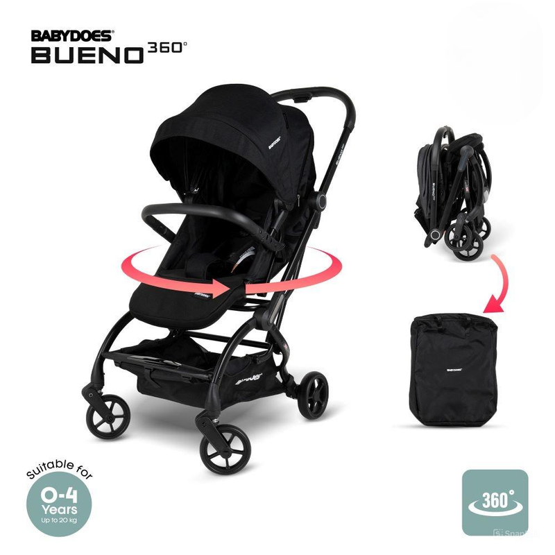 

BABYDOES BUENO 360 - Baby stroller with a 360° rotating seat, 5-point harness, automatic folding, braking system, 0-4 years (Up to 20 kg) - Black