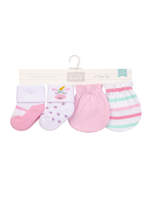 Hudson Baby Unicorn Socks & Mittens Set for Baby Girls, 4 Pieces, 0-6 Months, Pink