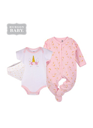 Hudson Baby Unicorn Layette Set for Baby Girls, 3 Pieces, 3-6 Months, Pink/White