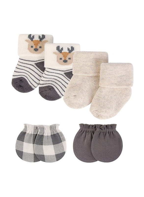 Hudson Baby Woodland Socks & Mittens Set for Baby Boys, 4 Pieces, 0-6 Months, Multicolour