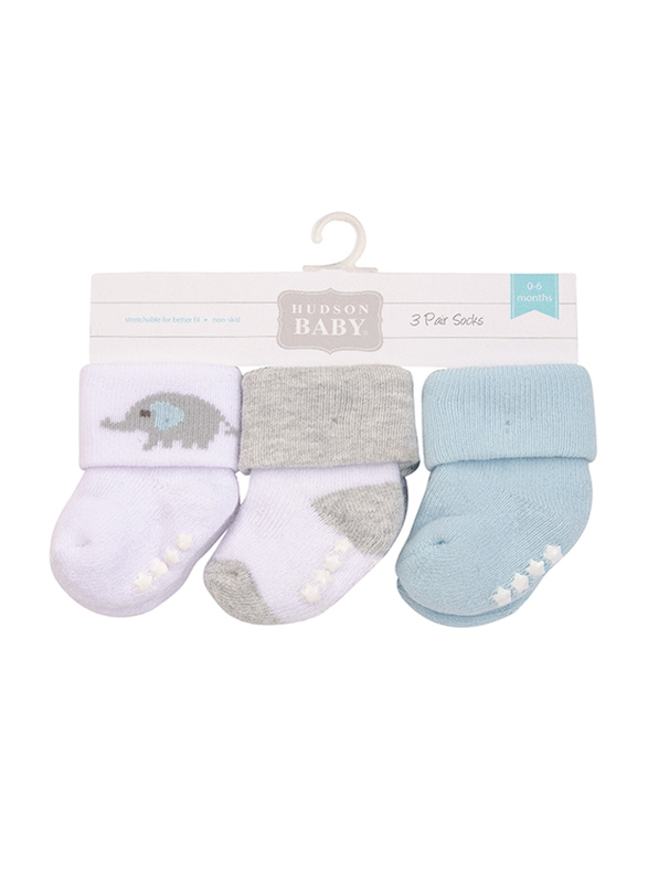 Hudson Baby Elephant Terry Socks with Non-Skid for Baby Boys, 3 Pieces, 0-6 Months, Multicolour