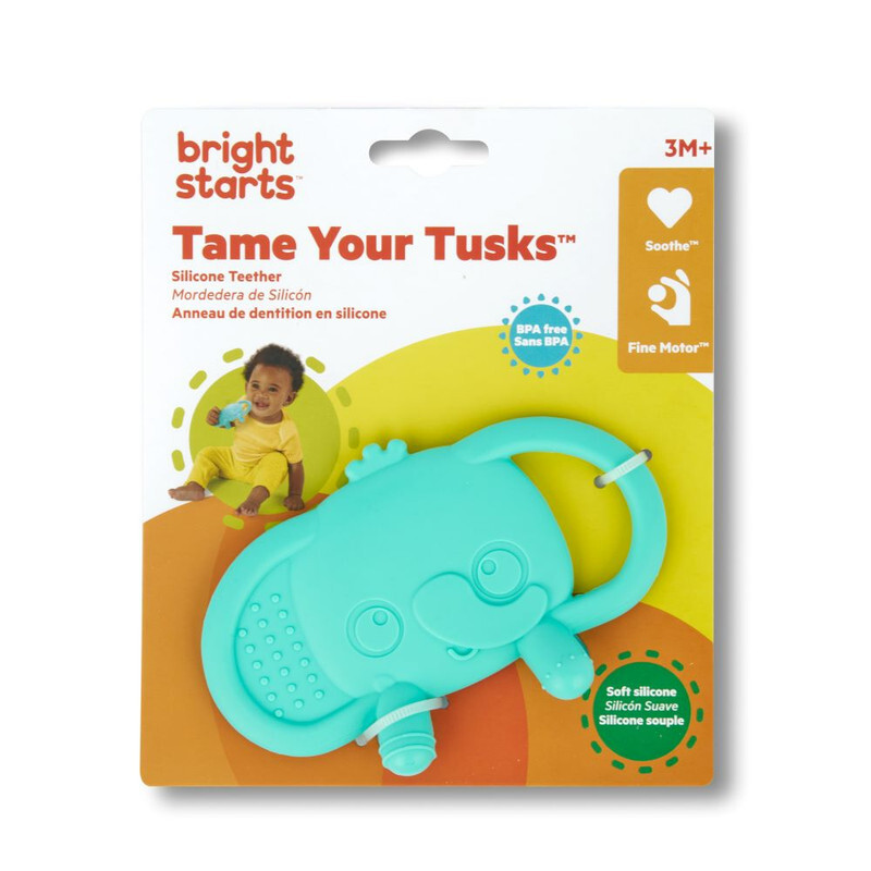 Bright Starts - Tame Your Tusks Silicone Teether with Handles, Easy-Grasp Elephant, Blue, Unisex, 3 Months+