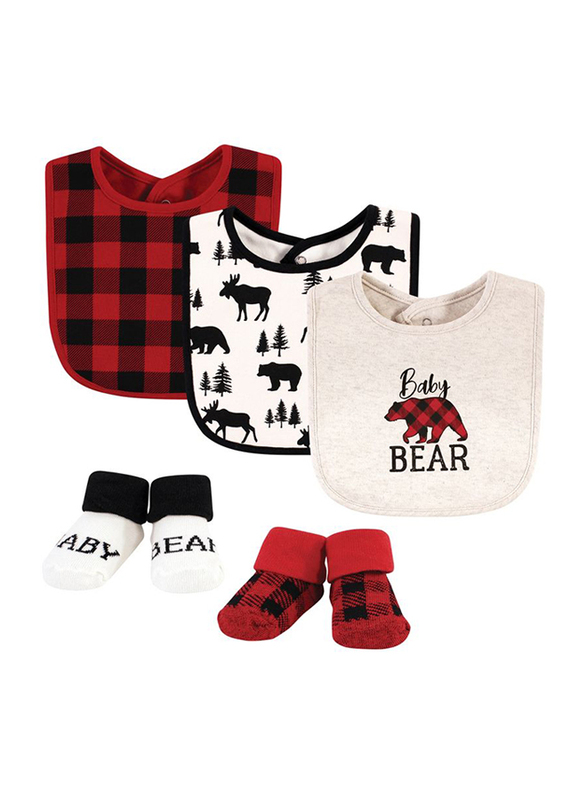 Hudson Baby Bear Plaid Bib & Socks Set for Baby Boys, 5 Pieces, 0-6 Months, Multicolour