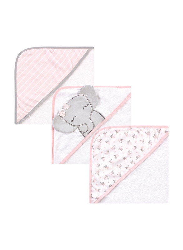 

Hudson Baby 3-Piece Cute Elephant Knit Terry Hooded Towel Set for Baby Girls, Newborn, Pink