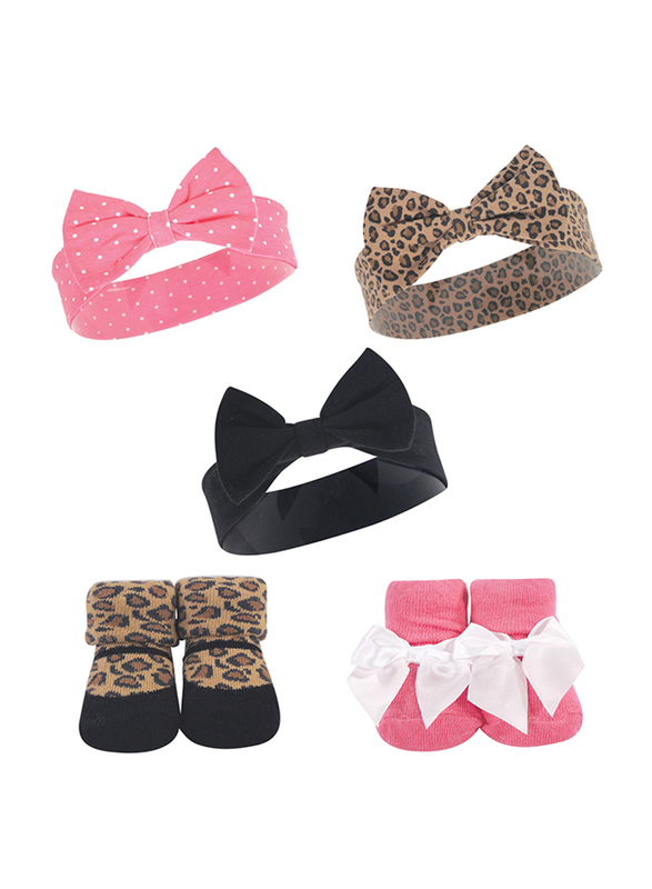 Hudson Baby Leopard Headband & Socks Set for Baby Girls, 5 Pieces, 0-9 Months, Multicolour