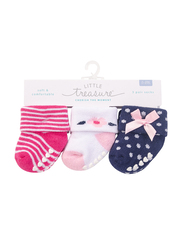 Little Treasure Polished Terry Socks with Non-Skid for Baby Girls, 3 Pieces, 0-6 Months, Multicolour
