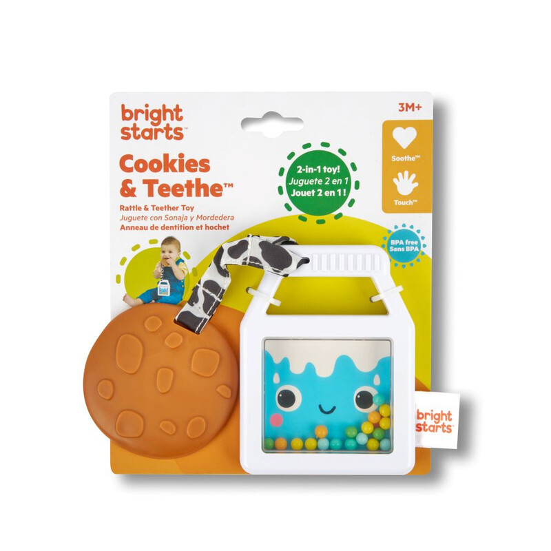 Bright Starts - Cookies & Teethe 2-in-1 Rattle and Teether Activity Toy, BPA Free, Unisex, 3 Months+