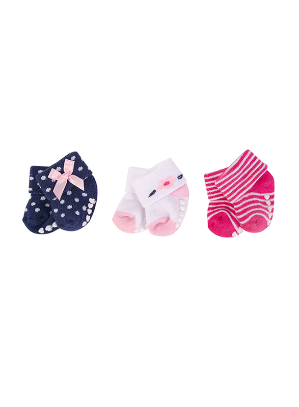 Little Treasure Polished Terry Socks with Non-Skid for Baby Girls, 3 Pieces, 0-6 Months, Multicolour