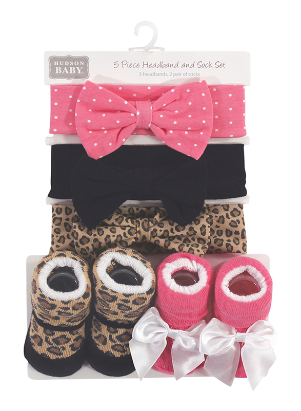 Hudson Baby Leopard Headband & Socks Set for Baby Girls, 5 Pieces, 0-9 Months, Multicolour