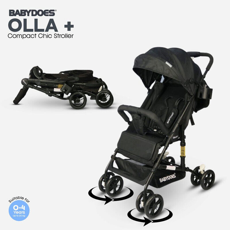 

BABYDOES OLLA+ - Baby Stroller with 5-Point Harness, One-Hand Fold, Shock Absorbing Wheels, Cup holder, 0-4 Years (Up to 20 kg) - Black