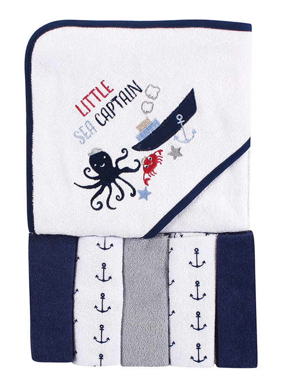 Luvable Friends 5-Piece Sea Captain Knit Terry Hooded Towel & Wash Cloths Set for Baby Boys, 0-6 Months, Multicolour