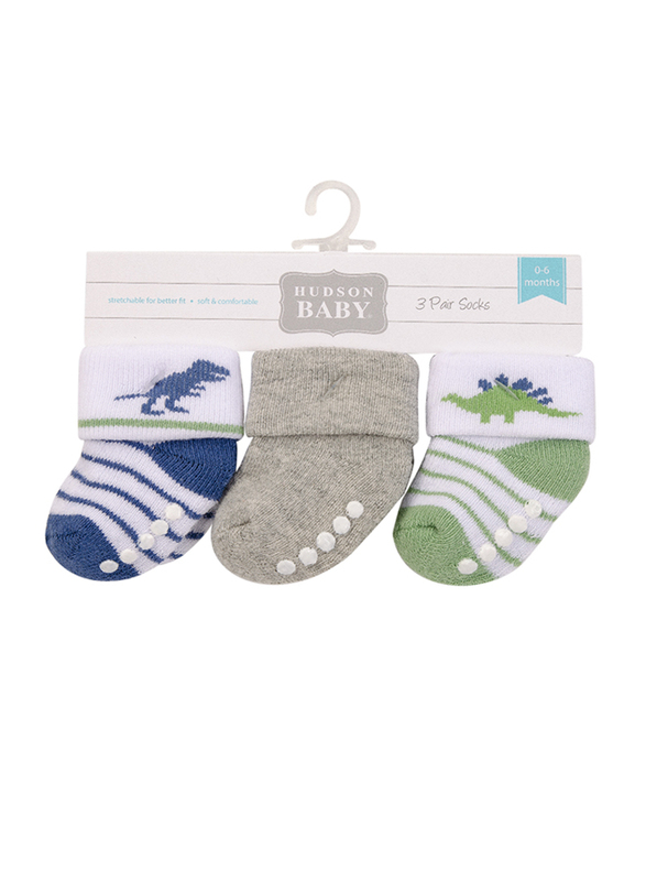 Hudson Baby Dino Terry Socks with Non-Skid for Baby Boys, 3 Pieces, 0-6 Months, Multicolour