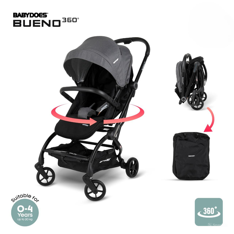 

BABYDOES BUENO 360 - Baby stroller with a 360° rotating seat, 5-point harness, automatic folding, braking system, 0-4 years (Up to 20 kg) - Grey